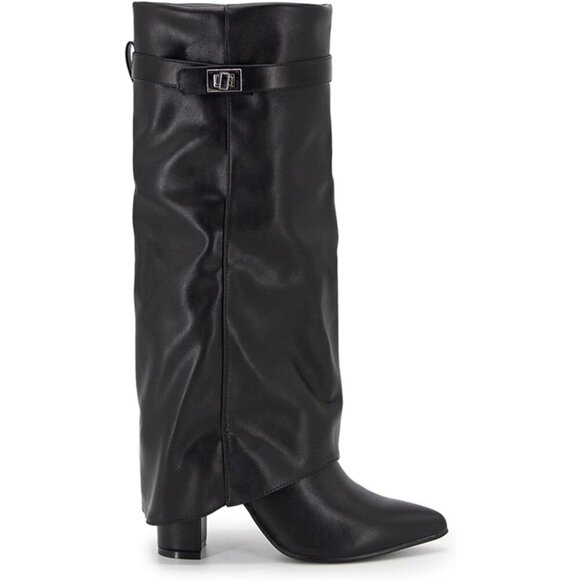 Shoes - Women's Black Knee High  Fold Over  Wide Calf Pointed Toe  Chunky Heel Boot
